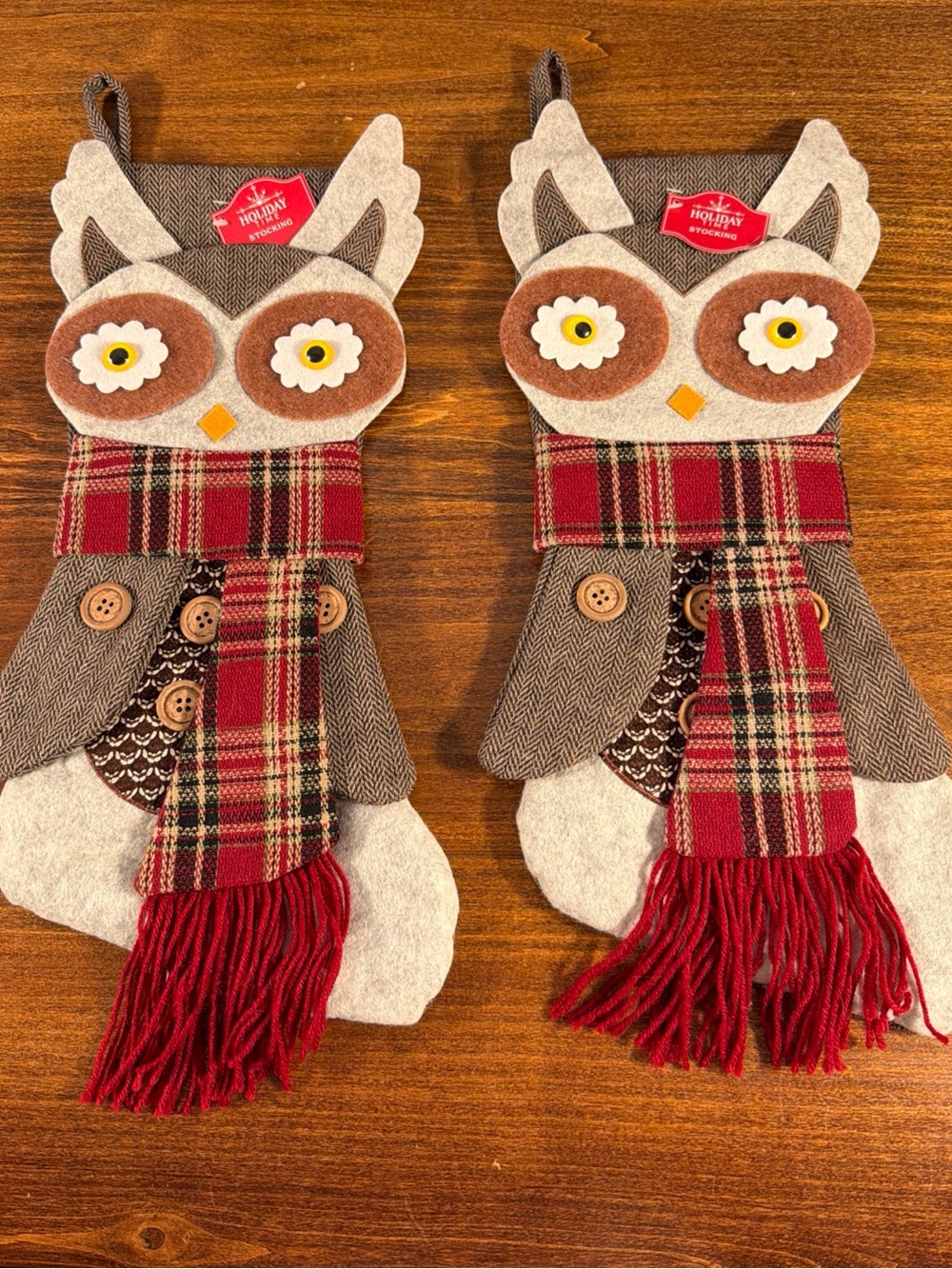 Holiday Time Owl Stocking Pair in Red, Brown, Cream